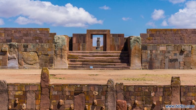 Tiwanaku, Bolivia: A capital city of the ancient Tiwanaku culture, this site's monumental stone buildings sprawl across the high-altitude landscape south of Lake Titicaca. Stylized faces carved into the stone here have inspired fringe theories that the visages are depictions of aliens, not humans.