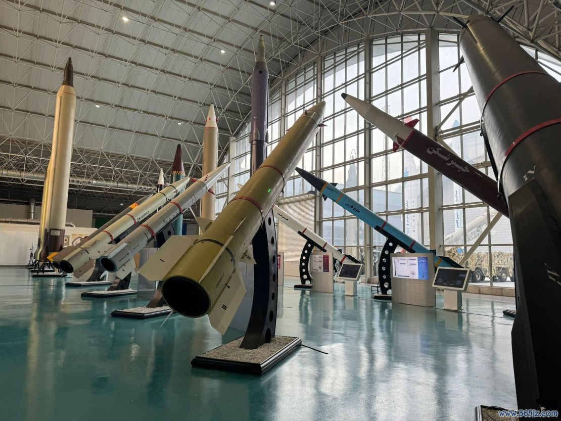 Various Iranian ballistic missiles in the main hall of an Iranian Revolutionary Guards exhibit in Tehran, Iran on May 1, 2024.
